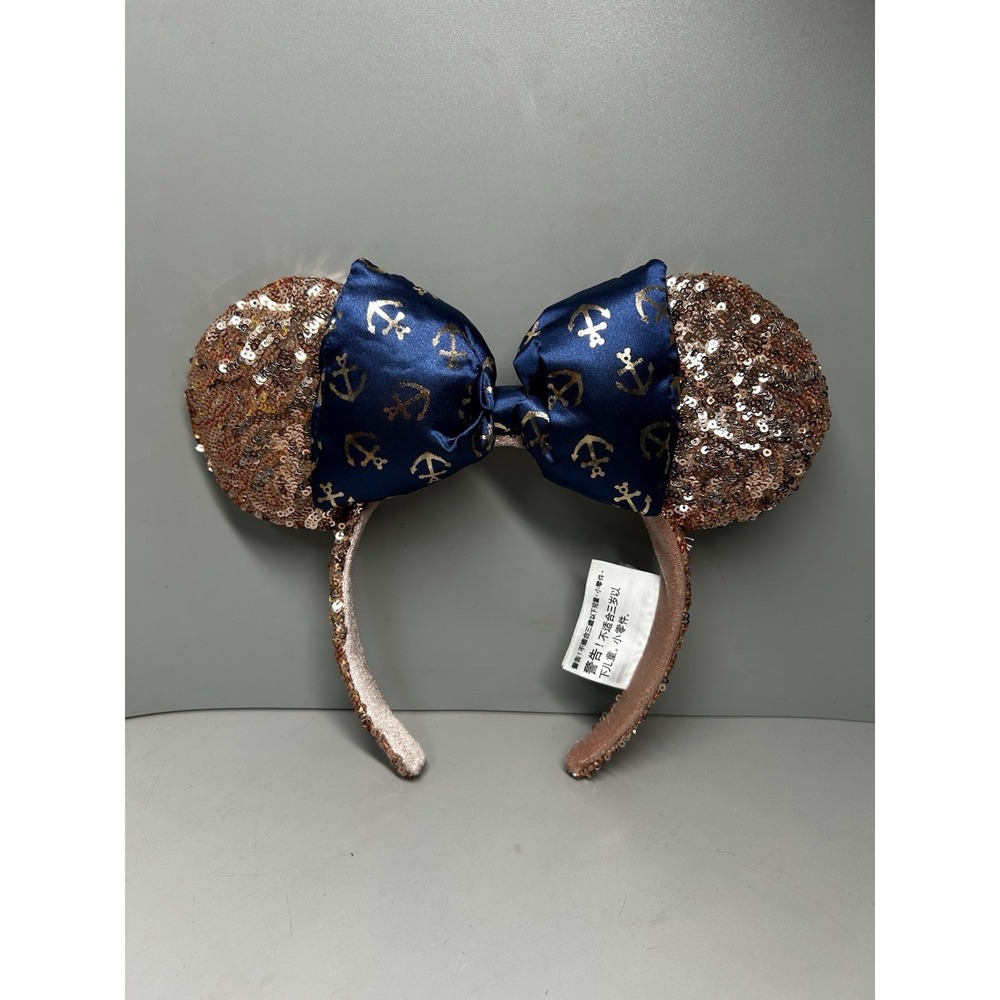 Disney Cruise Lines Minnie Ears - Rose Gold Ears with Blue Anchor Print Bow